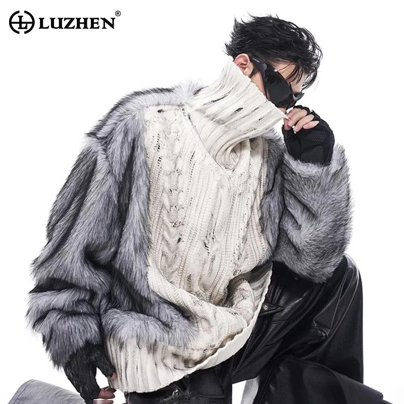 LUZHEN Imitation Fur Patchwork High Neck Sweater Autumn Winter Thick Velvet Lining Scrawl High End Street Wave Knit Tops LZ8047