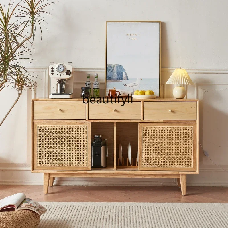 45 Nordic Rattan Sideboard Cabinet Living Room Solid Wood Locker Wall-Mounted Drawer Storage Cabinet