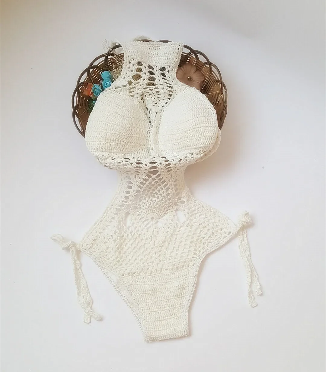 Sexy Knitted Bikini Halter Bathing Suit Women High Waist Crochet Swimsuit One Piece Hollow Out Swimwear