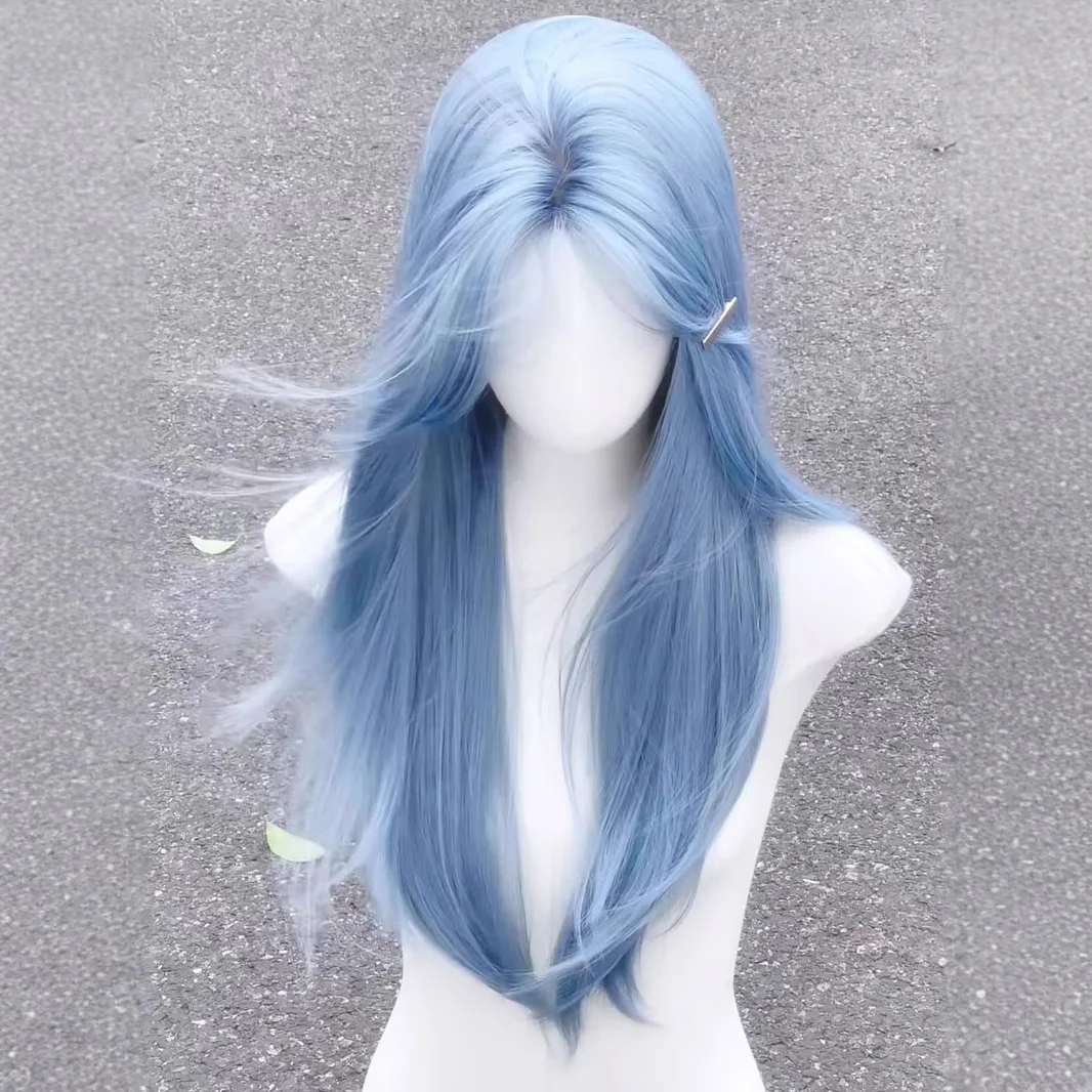 

Парик для девочек, ледяной синий, многослойные, длинные прямые волосы, средняя восьмизначная челка, милый и милый бесшовный головной убор с уменьшением возраста