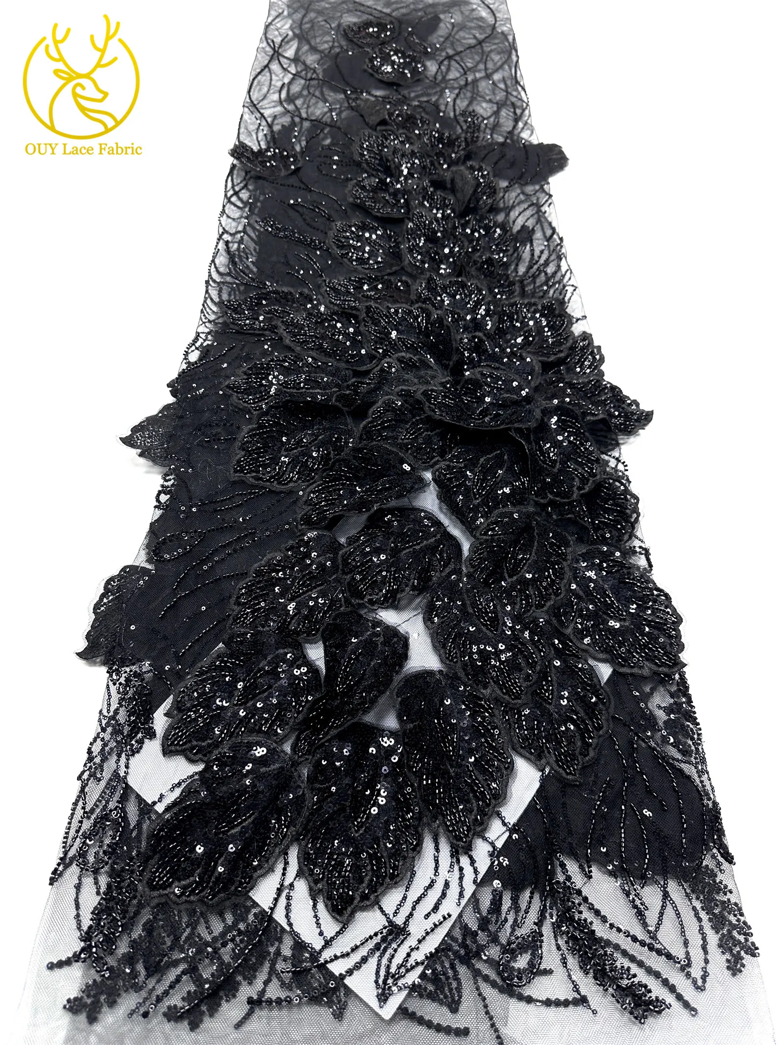 Nigerianischer 3D-Stickerei-Blatt-Spitzenstoff 5 Yards Afrikanische DIY-Stickerei Perlen-Pailletten-Spitze Tüll-Netzspitze Damen-Abendkleid – Detail 31