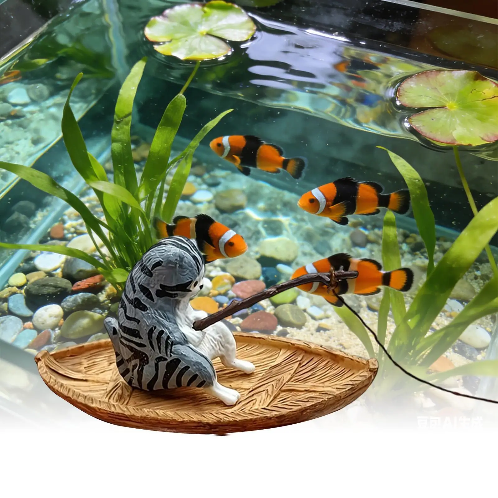 Aquarium-Dekorationen Kreatives Katzen-Angelboot Aquarium-Ornament Harz-Kätzchen Angler Fischbecken-Deko Garten-Teich-Landschaftsgestaltung