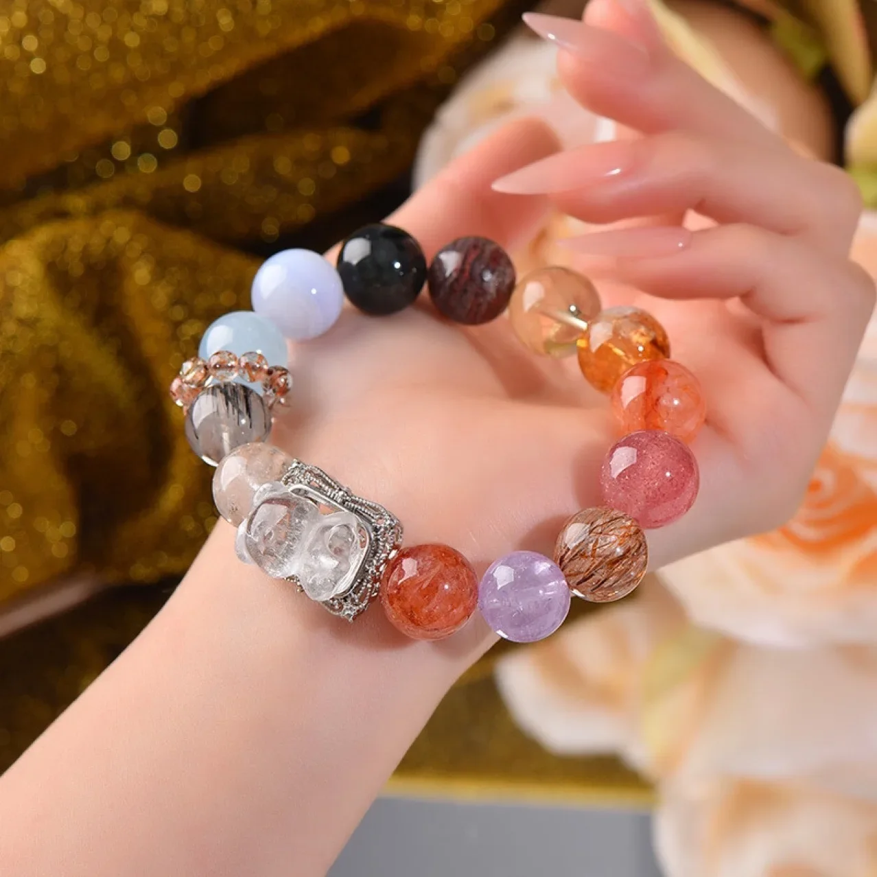 

Natural Blue Grain Stone, Aquamarine, Black Crystal Super, Duobao Crystal Bracelet, Women's Light Luxury Fashion Bracelet