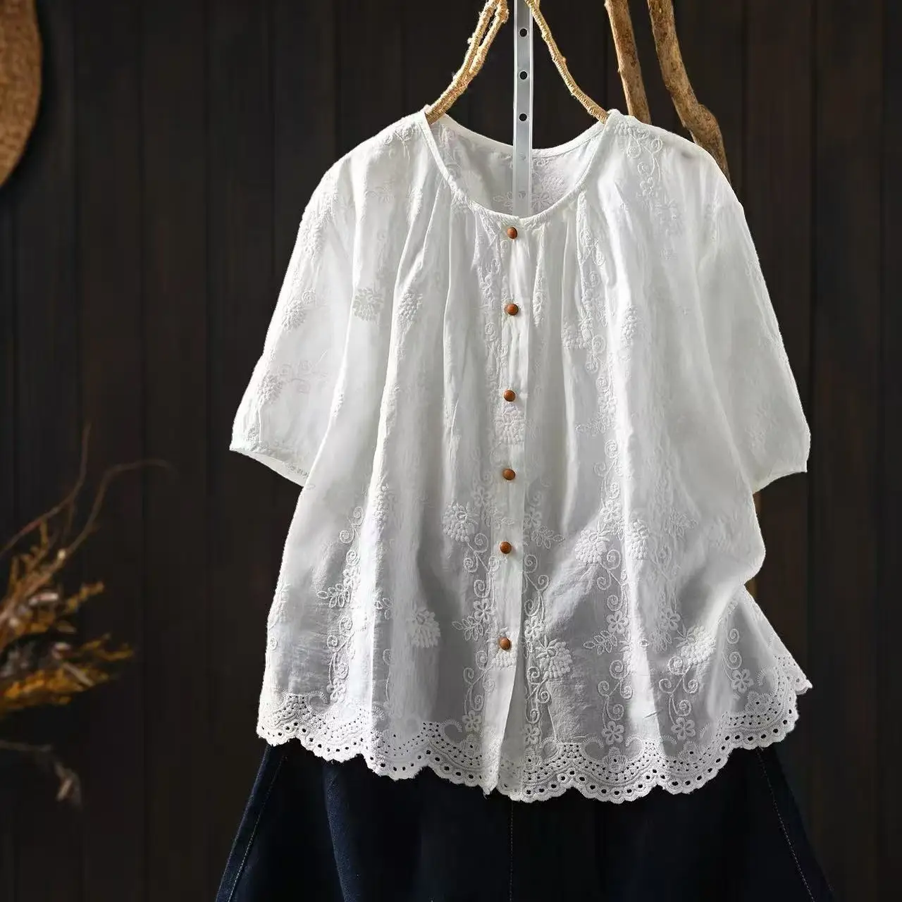 Women 100% Cotton Floral Eyelet Embroidery Blouse Round Neck Short Sleeve Loose Lace Hem Summer Tunic Shirt Tops