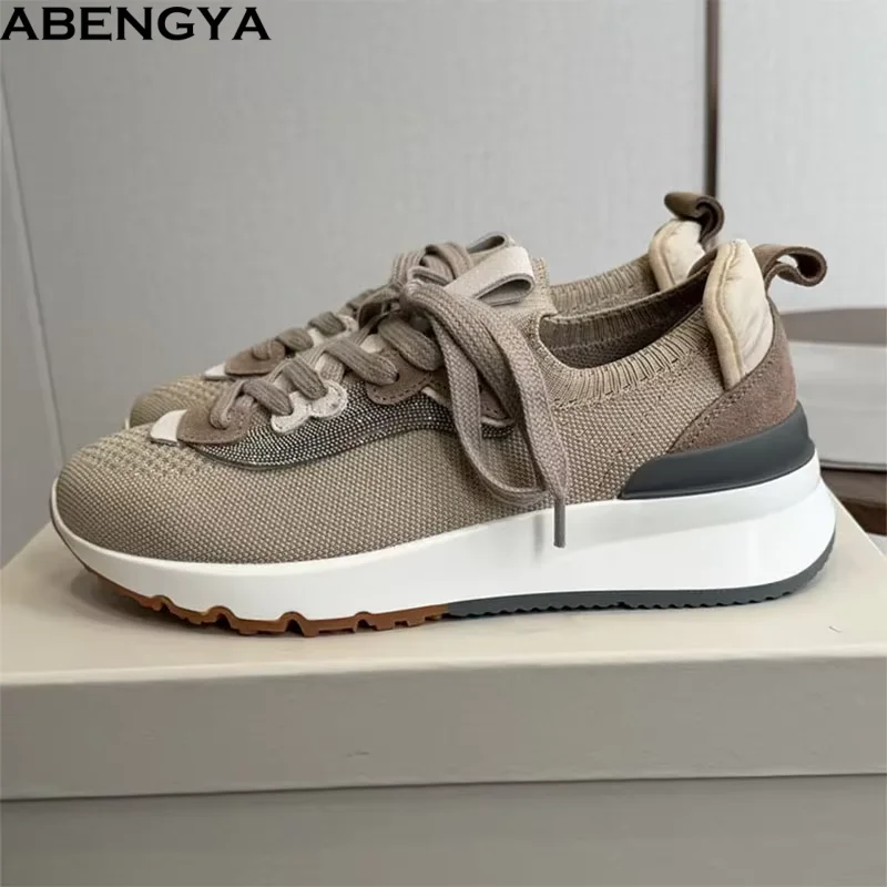 New Platform Lace Up Shoes For Woman Spring Knitted Casual Sneakers Woman Round Toe String Bead Flat Women's Walk Shoes