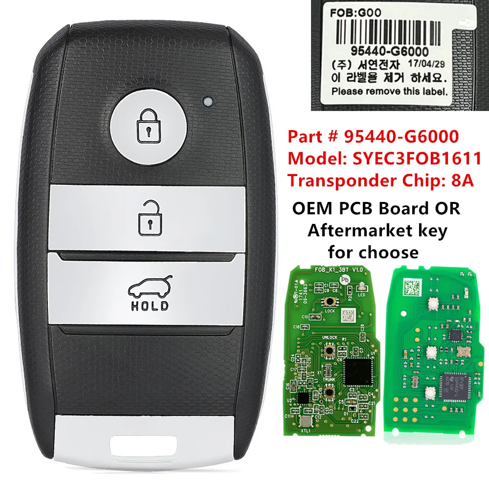 KEYECU Replacement Smart Proximity Remote Key FOB 3Button 433MHz 8A for Kia Picanto Morning 2017 2018 2019 P/N: 95440-G6000