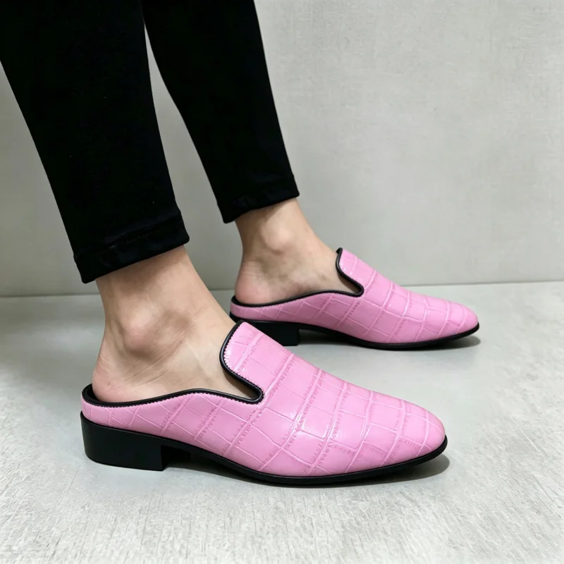 Men's Glossy Embossed Mules Backless Loafers Metallic Color Block Heel Slip on Half Slippers Party Dress Shoes Big Size