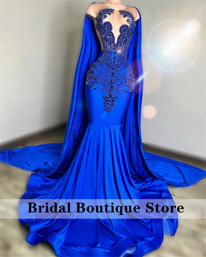 Exquisite Royal Blue Mermaid Prom Dress With Cape Crystal Rhinestones Gems Bead Luxury Birthday Party Gown Customized