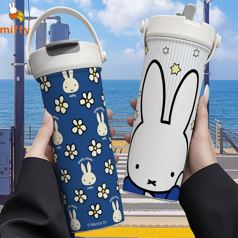 Kawaii Miffy Stainless Steel Insulated Cup Cartoon Portable 600ml Dual Sip Straw Cup Multiple Styles Anime Accessories Girl Gift