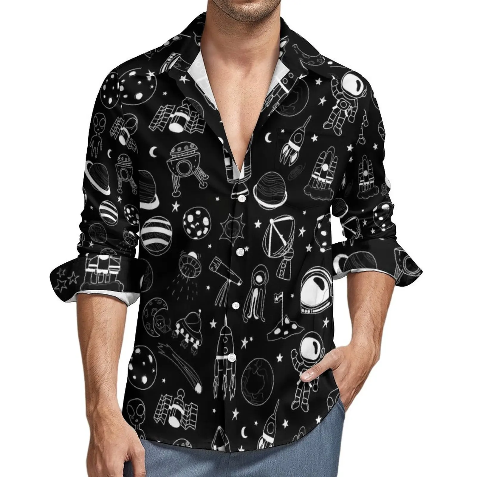 Spring Design Clothing Outer Space Print Blouse Mens Stars Moon Galaxy Shirt Long Sleeve Lapel Loose Comfortable Casual Shirts