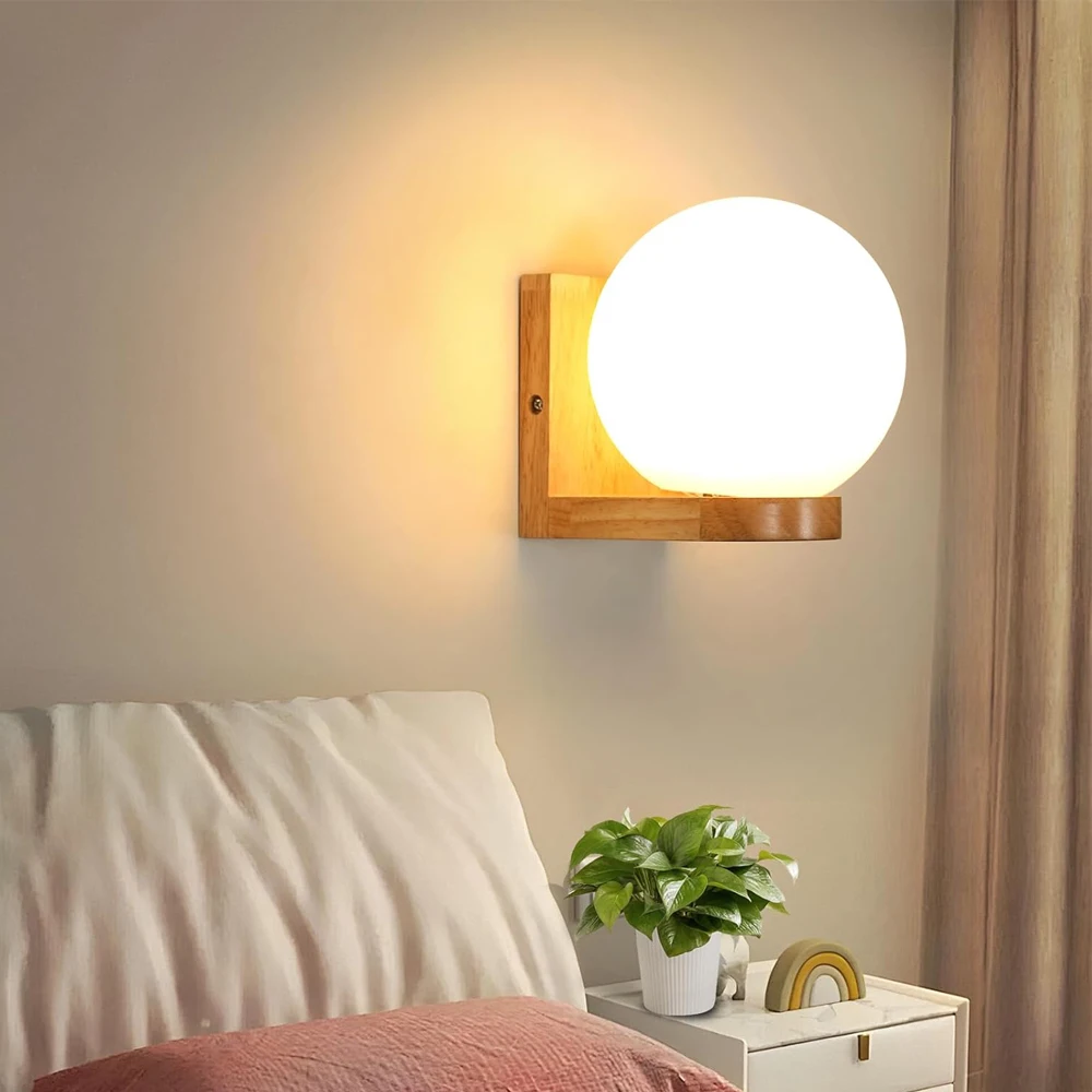 Nordic Wood Wall Lamps with Glass Shade Home Indoor Decor Sconce Bedside Lamp Modern Led Wall Light Night Lights Fixtures E27 view 2