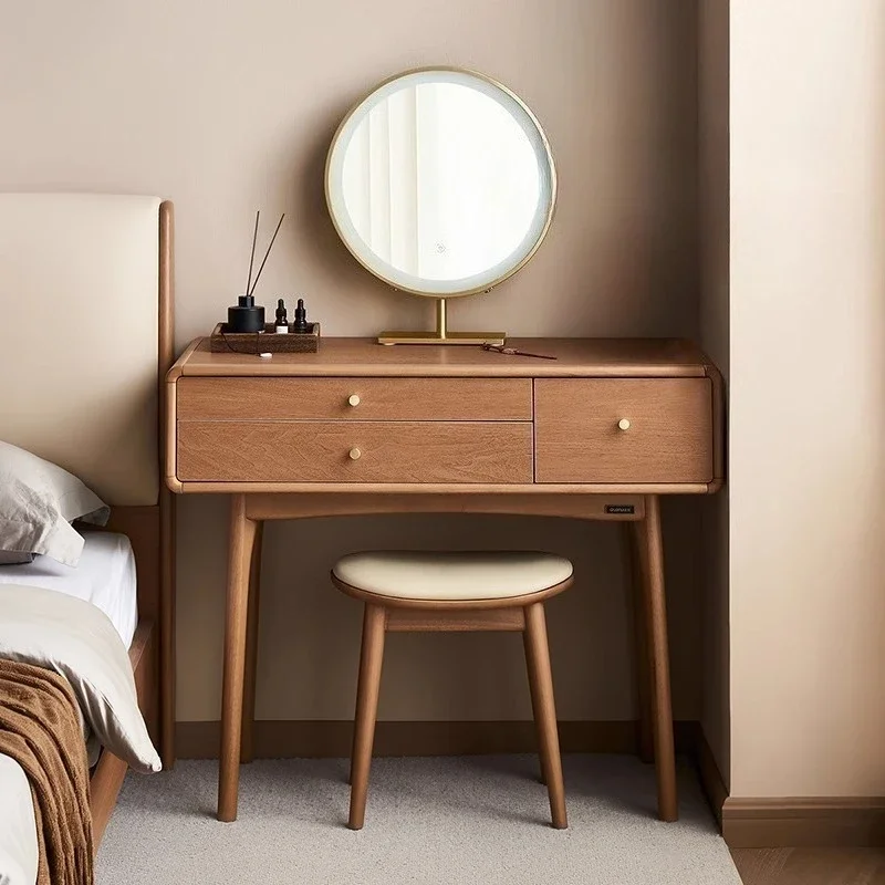 

With Makeup Mirror Vanity Desk With Light Mirror With Seat Dresser Bedroom Household Small Apartment Solid Wood Leg Makeup Table