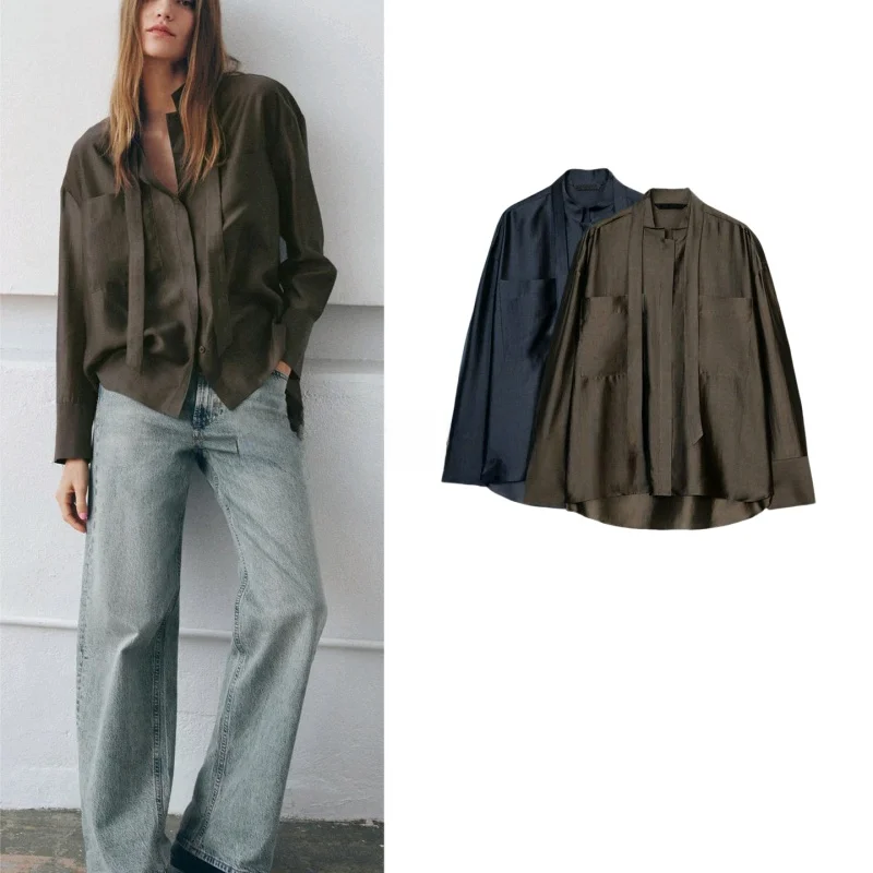 

Spring Summer New Women's round Neck Long Sleeve Knot Tie Asymmetrical Hem Shirt Casual Style Loose Fit Polyester F...
