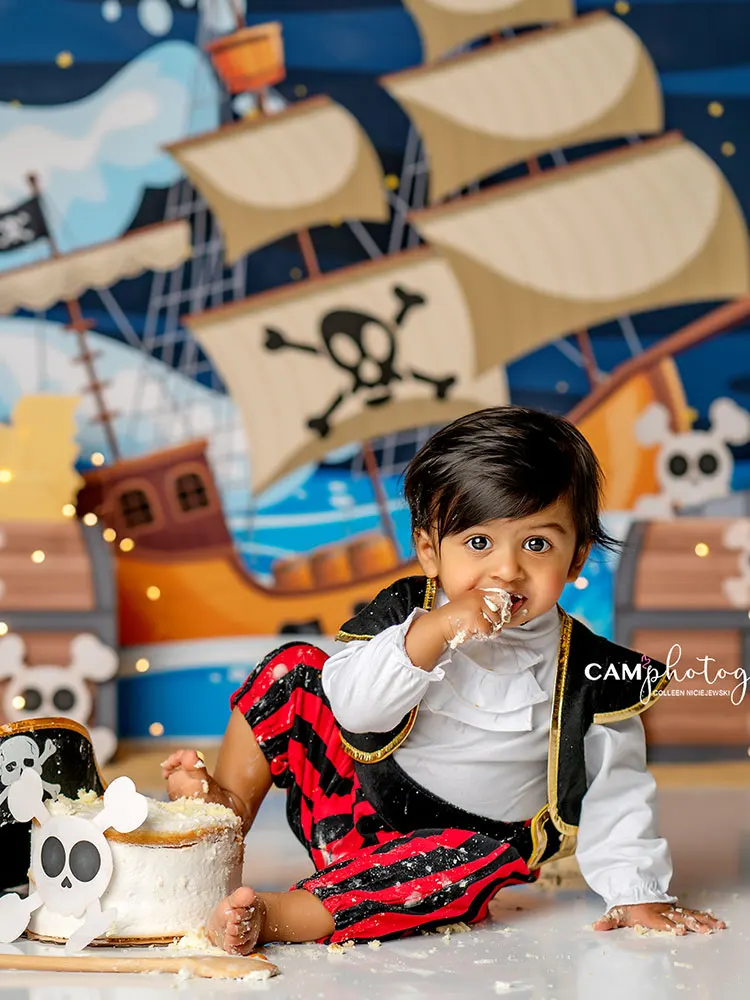 Pirate Ship Treasure Backdrop Sea Night Kids Baby Cake Smash Photography Props Child Birthday Decor Studio Backgrounds