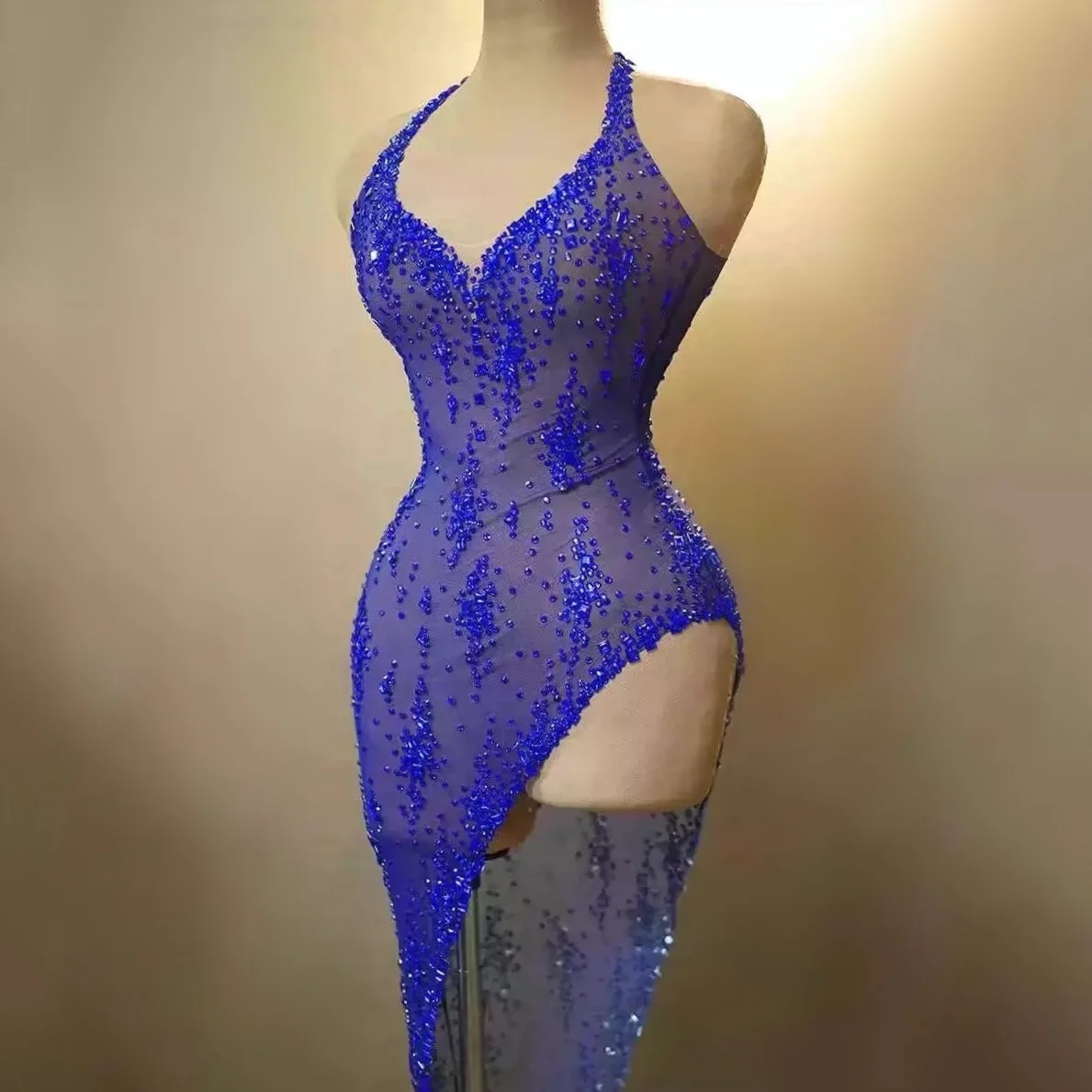 

Luxury Diamonds Sexy See-Through Deep V-Neck Slit Sheath Dress Evening Party Performance Costume Nightclub Singer Dancer Stage