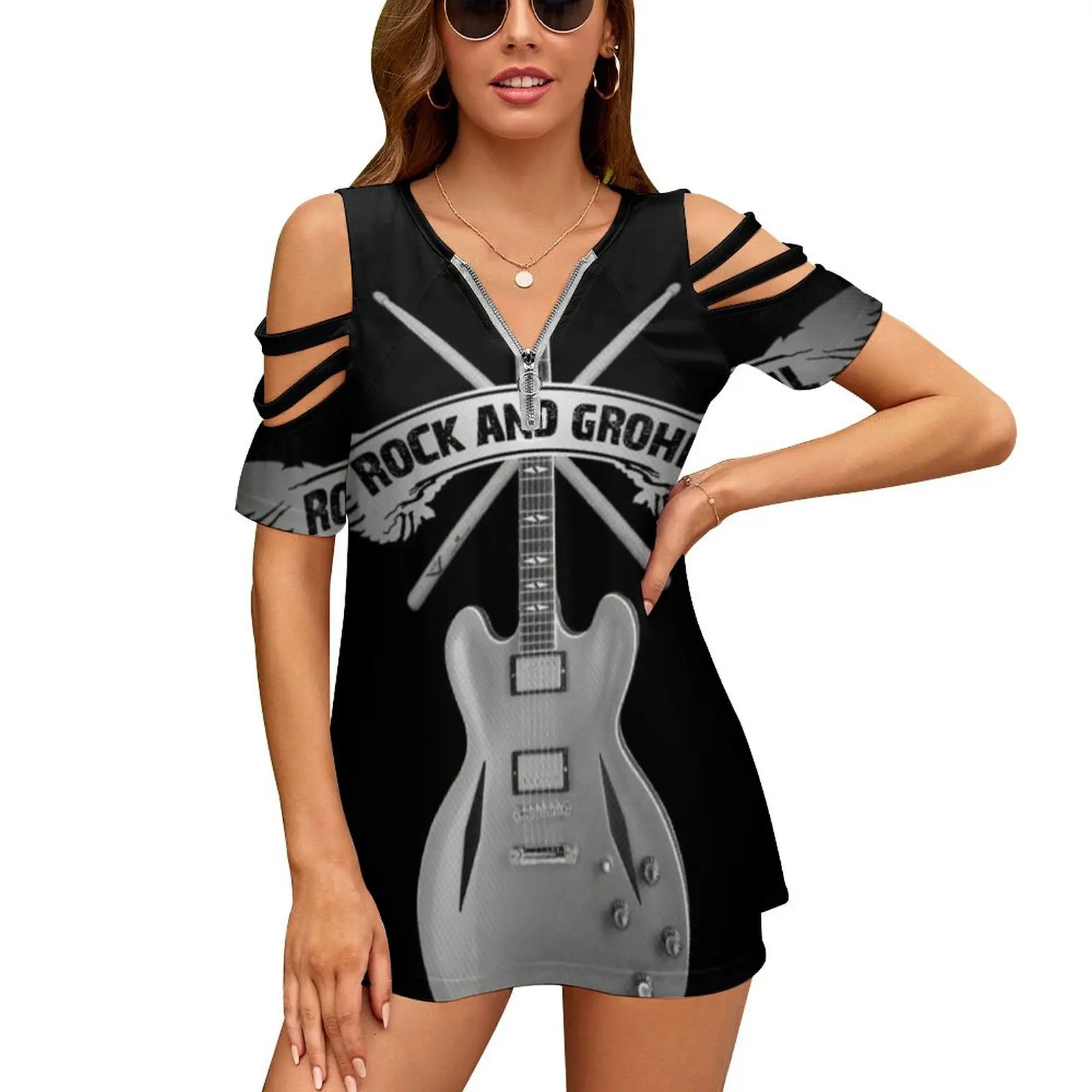 Rock And Grohl Awesome Drumstick & Guitar Original Design! Women Zipper Sexy Printed Vintage T Shirts Tops Full Print T-Shirt