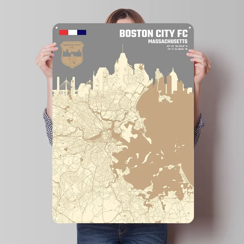 بوسطن سيتي Fc ماساتشيت علامات معدنية خريطة ملصق ديكور لتزيين الغرفة مخصص صفيح تسجيل ل جدار الفن الديكور الرجعية