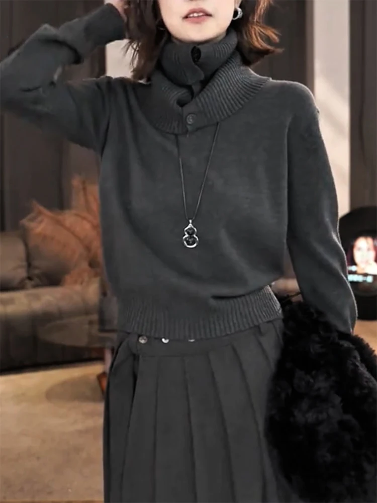 

Женский трикотажный джемпер с высоким воротом и пуговицами, осенне-зимний, больших размеров, универсальный, стройнящий, в корейском стиле, с длинными рукавами