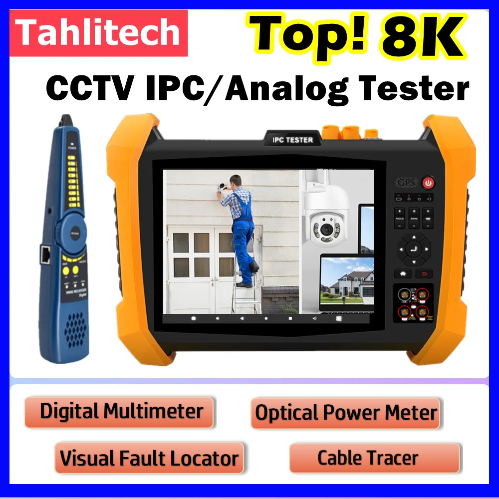 8K IPC Tester With 2 Gigabit SFP Ports PoE++ 90W, 8MP AHD TVI CVI SDI CCTV Tester TDR OPM DMM VFL Cable Tracer