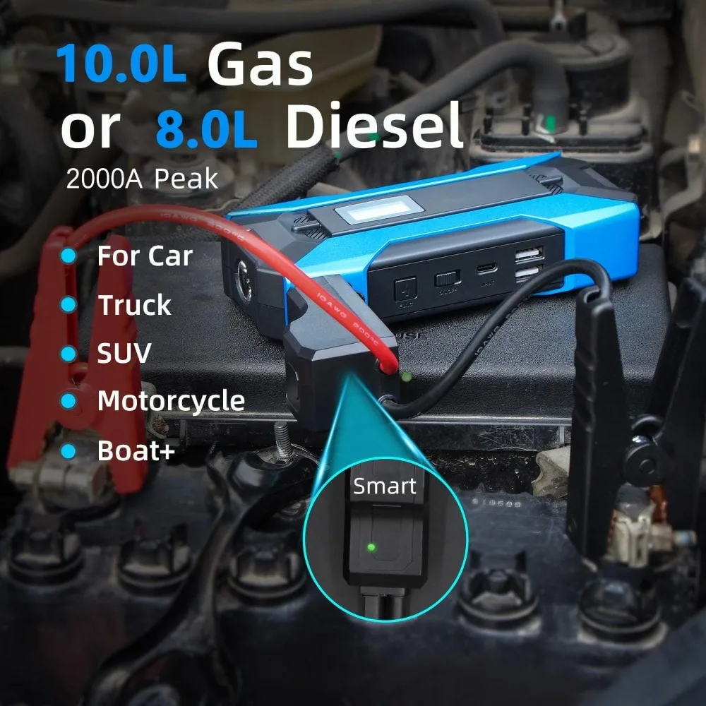 حزمة A11 Jump Starter مع ضاغط هواء، صندوق قفز 2000 أمبير/12 فولت مع مضخة هواء، شاحن بطارية السيارة للغاز حتى 10.0 لتر و8.0 لتر Di