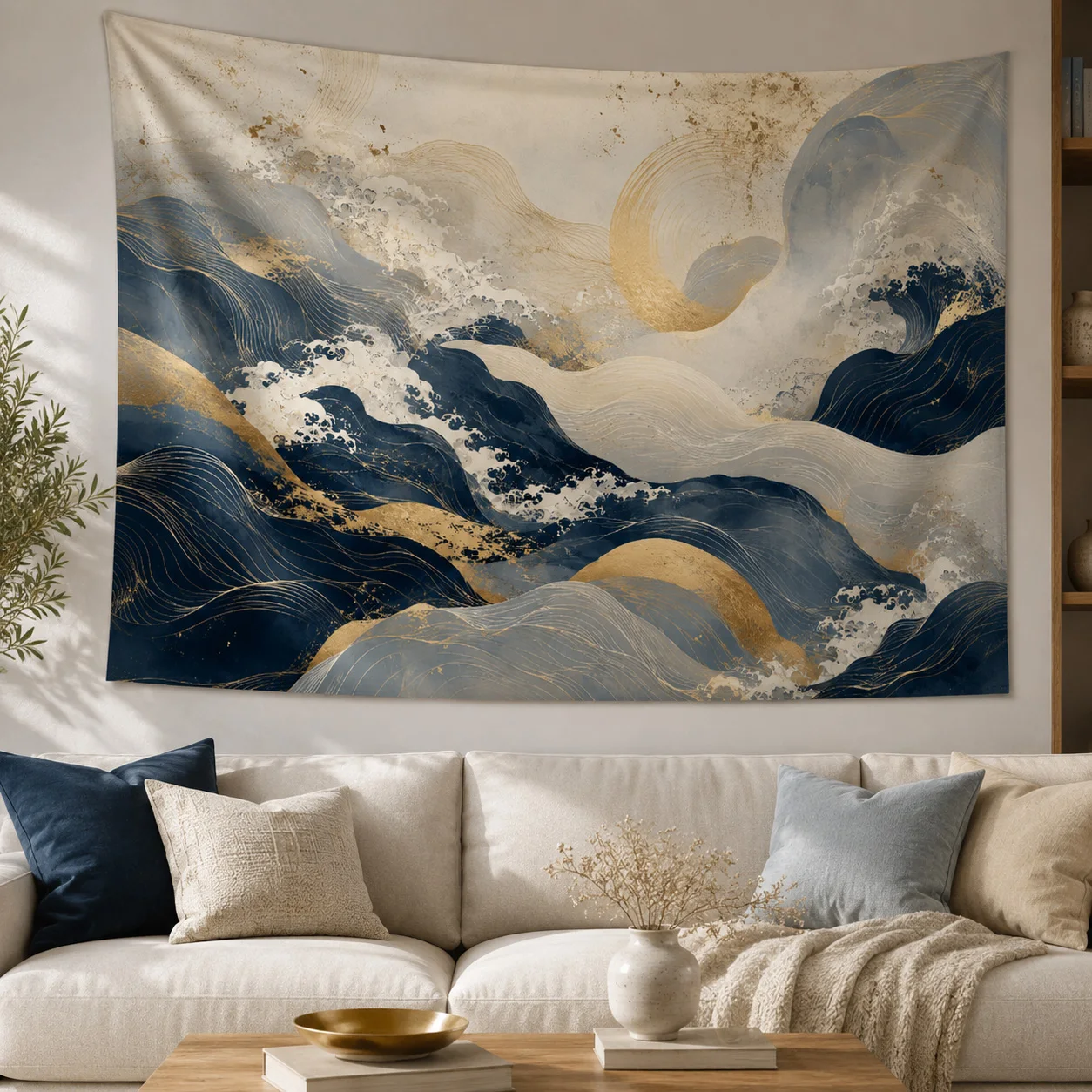 Gold Blue Wave Tapestry Japanese Ocean Art Wall Hanging Aesthetic Cloth for Bedroom Living Room Home Decor