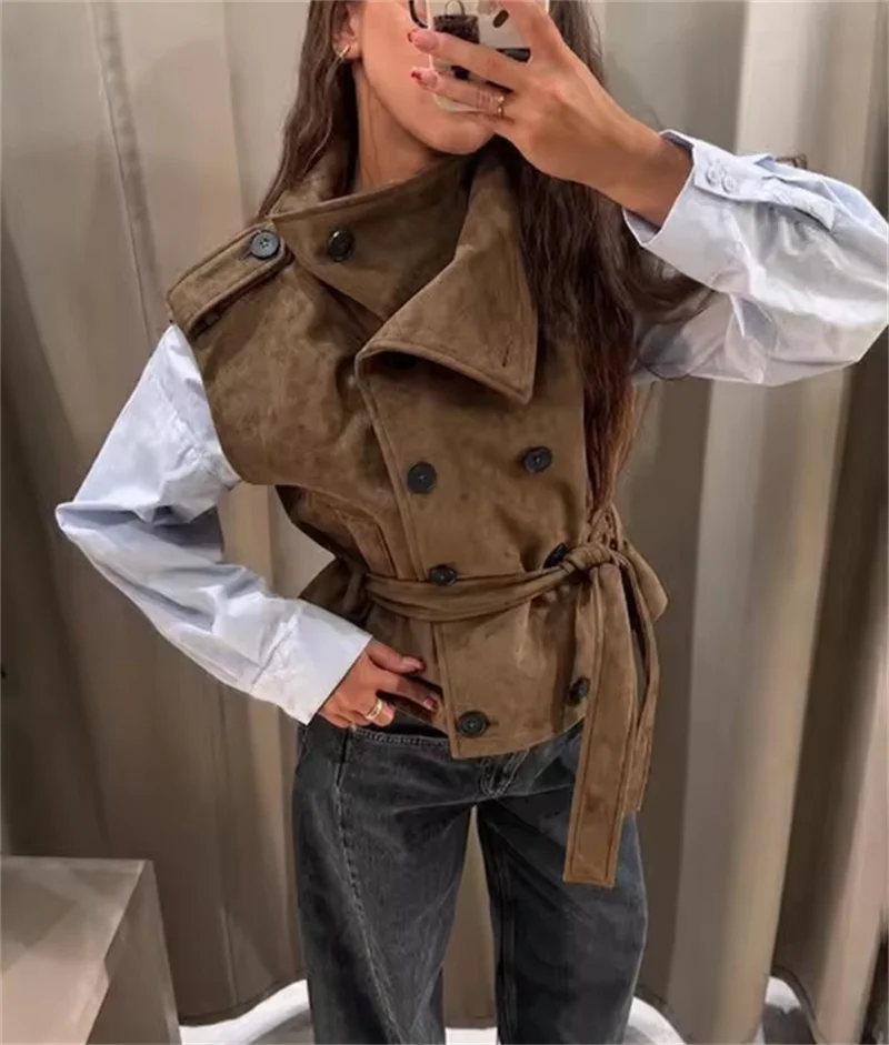 Guobioziy Women's Vest 2026 Fall/Winter New Camel Sleeveless Suede Texture Stand Collar Belted Vest Outerwear Top Trendy Stylish