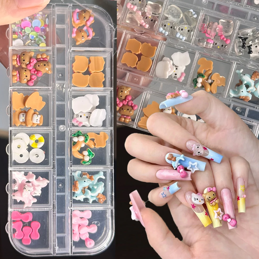 

12Grids Hawaiian Hello Kitty Nail Art Charms Ocean Series Tanning Kitty Dolphin KT Coconut Tree Nail Gems Kawaii Bow Nail Decora