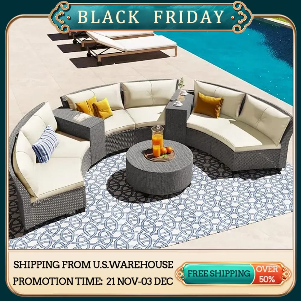 4 Pieces Patio Furniture Sets,All Weather Outdoor PE Rattan Sofa with Wood Table and Legs, for Lawn, Backyard,Poolside or Garden