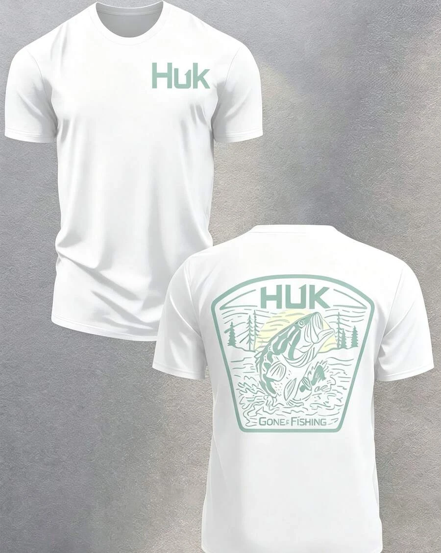 2026 New Outdoor Fishing Graphic Tee Mens Short Sleeve Back Bass Fish Shield Huk Gone Fishing Casual Top