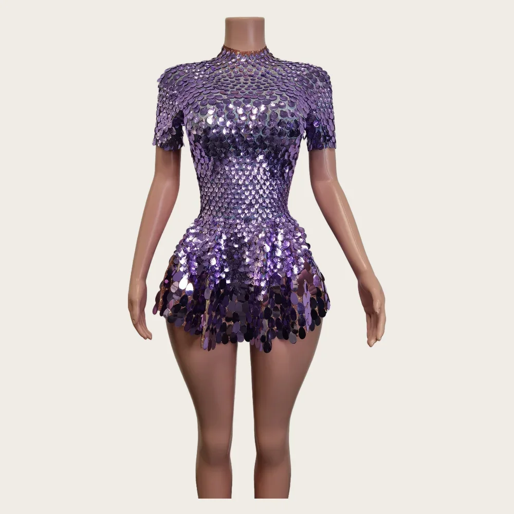 

Summer Women Fashion High Neck Short Sleeve Shiny Mermaid Sequin Mini Dress Party Club Dress Nightclub Stage Performance Wear