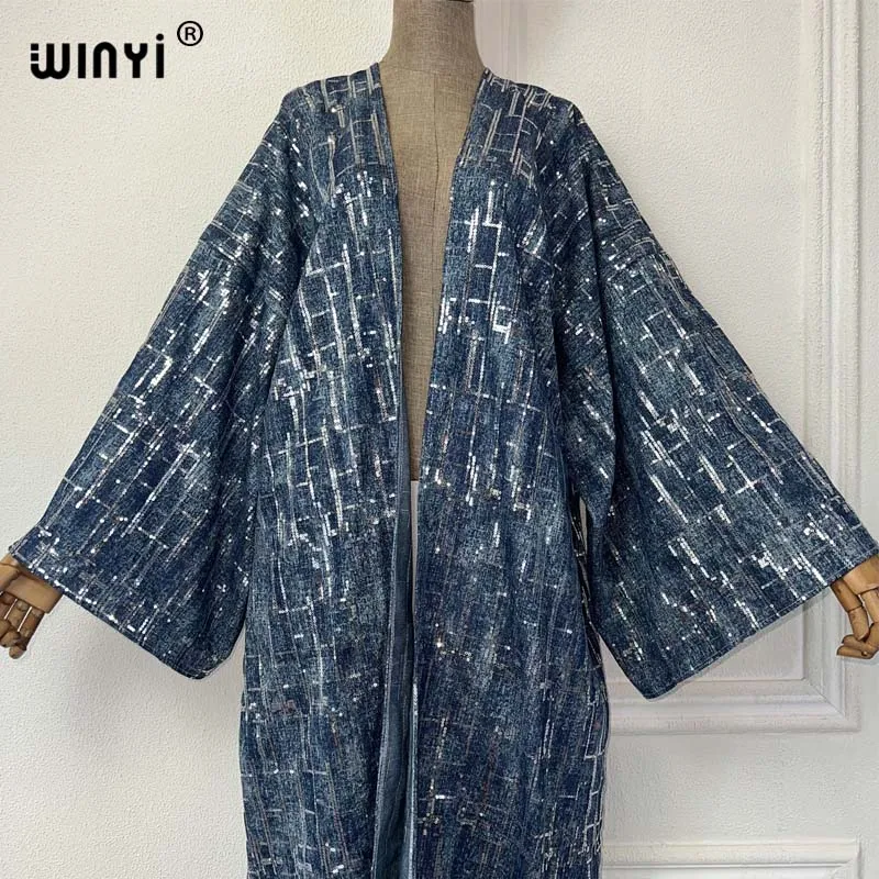 WINYI new Sequined denim cardigan Women long down coat Loose Dress elegant Party maxi Holiday Swimming Cover Up fashion Kimono