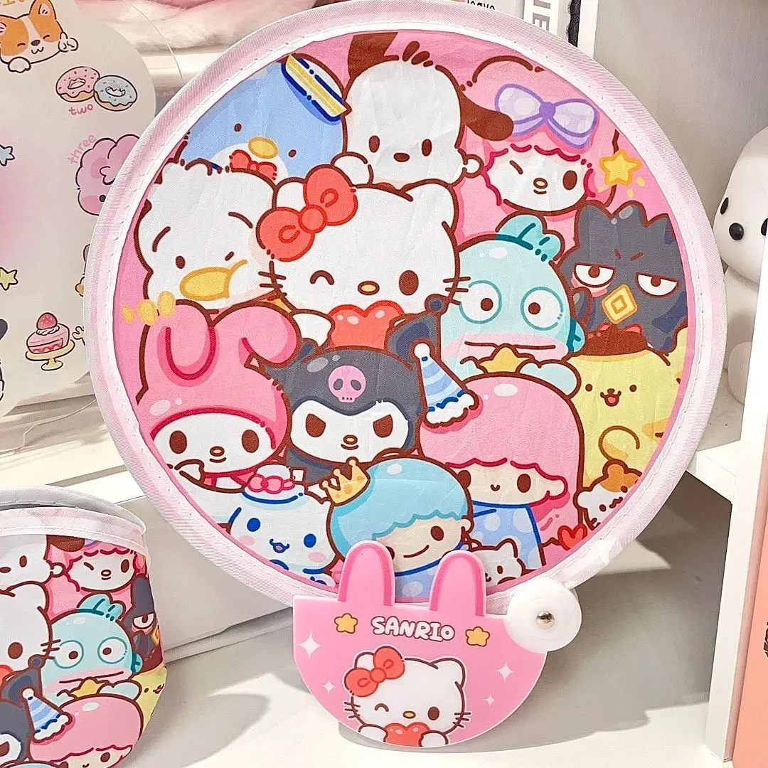 Sanrio Kawaii Pochacco Fan Hello Kitty Kuromi Student Cartoon Summer Portable Foldable Fan Mini Round Fan Storage Bag Toy Prize