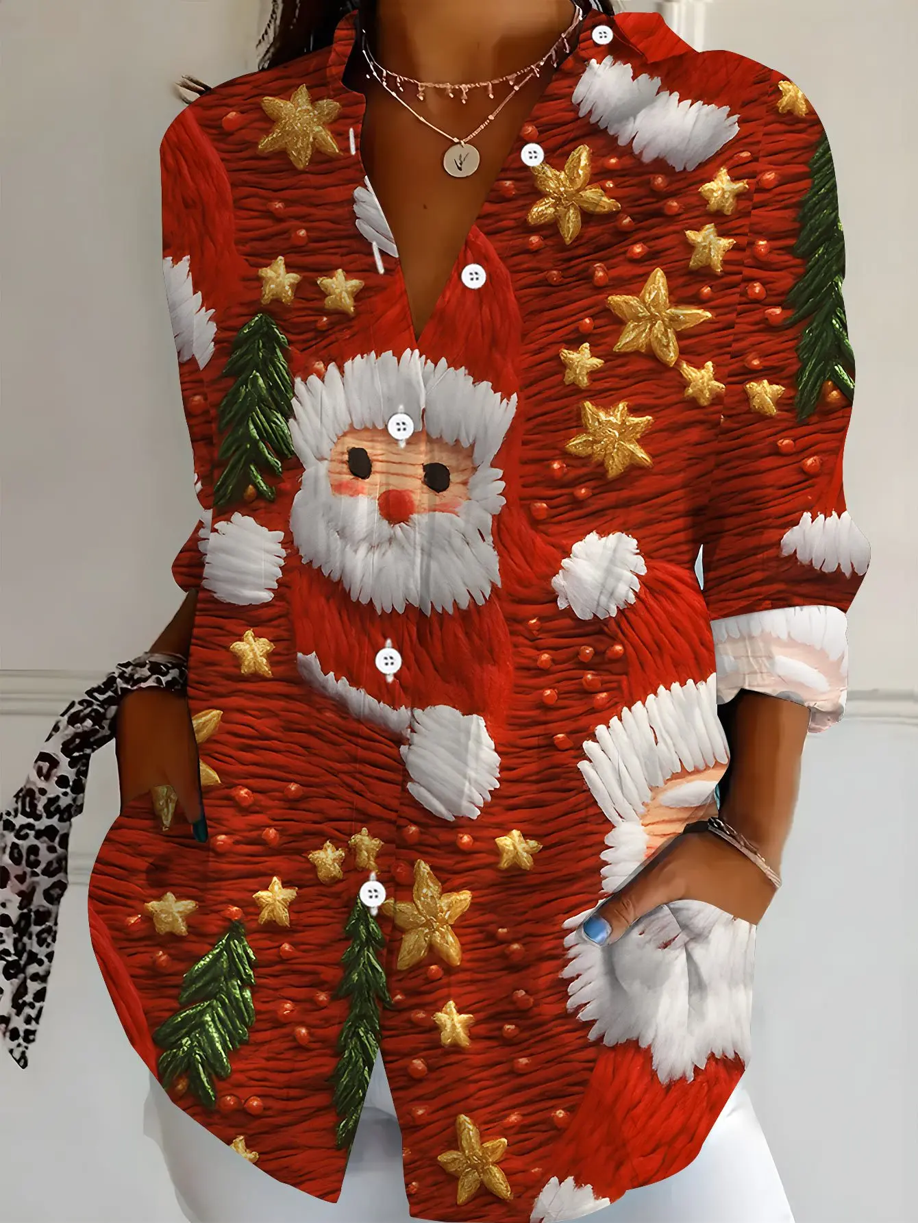 Camisa con estampado bonito de muñeco de nieve y elfo de Navidad para mujer, camisa informal para fiesta navideña, copo de nieve, árbol, estampado de fiesta, ropa de tendencia a la moda