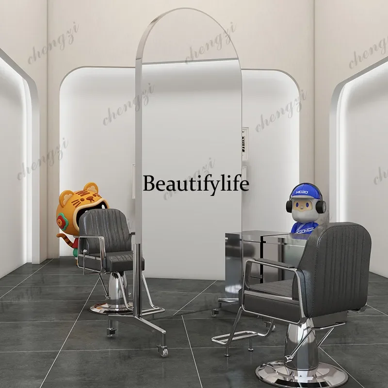 Barber shop movable mirror table floor mirror double-sided, new hair salon, full body hair cutting mirror