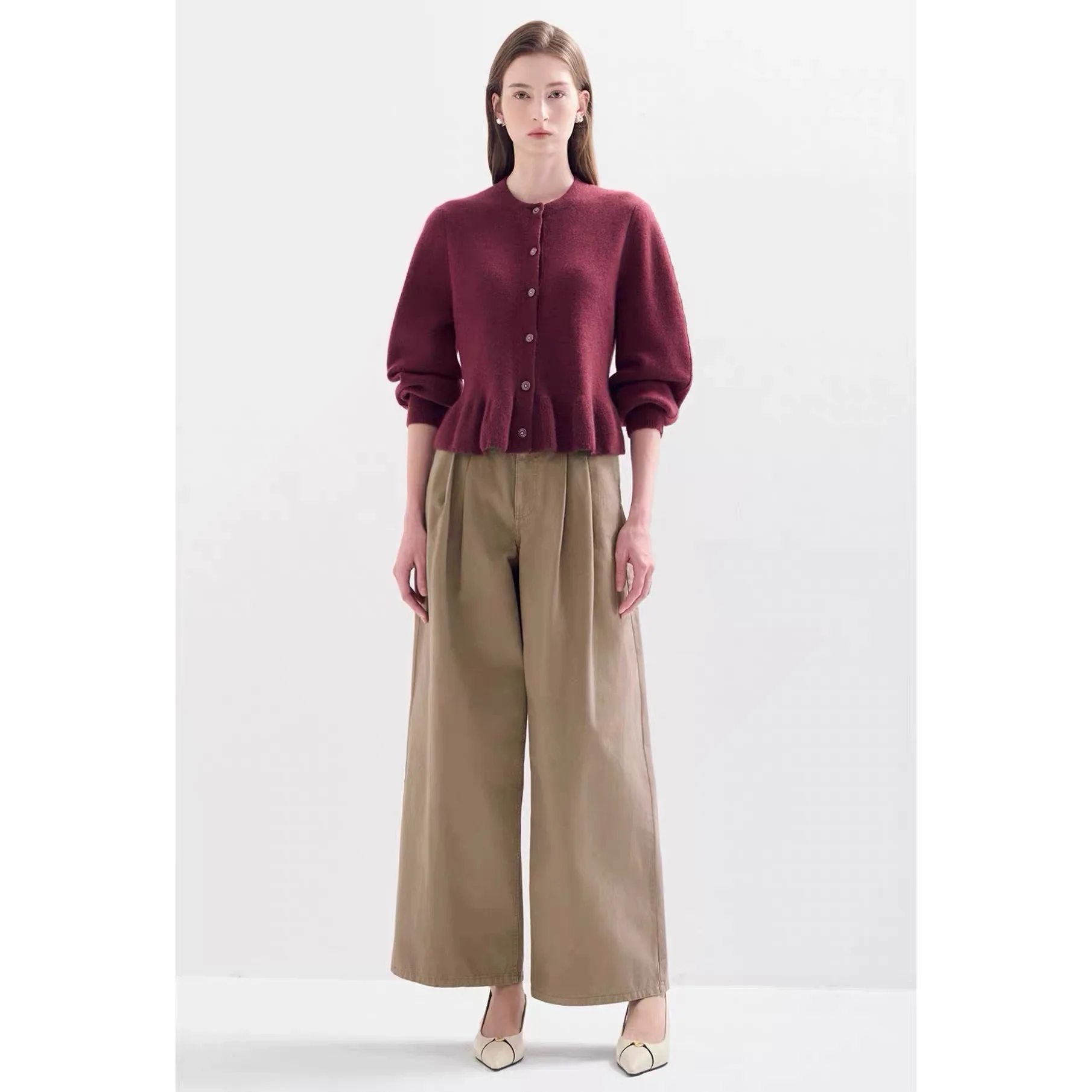 

Linyao LAN26 Spring Simple Elegance round Ne Waist Cinched Lace Hem Wool Knitted Open Cardigan Women's Commute Sle Long S...