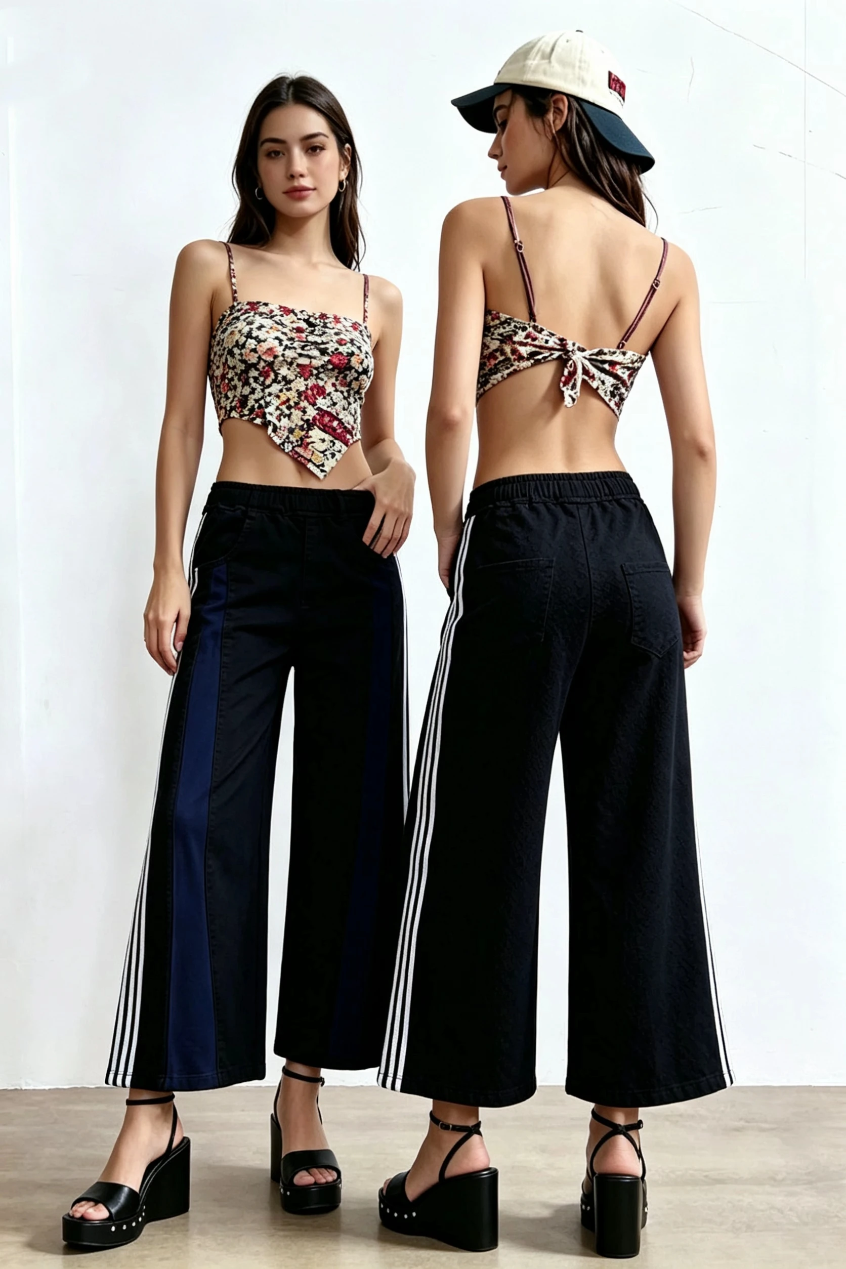 

Women's Black Patchwork Jeans Elastic-Waist Straight-Leg Cropped Pants Striped Woven Tape Side Detailing