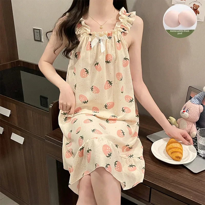 Sweetcuteins Summer Woven Tank Sleep Dress Bubble Cotton Chest Pad Korean Style Thin Homewear Nightgown Sleepshirt