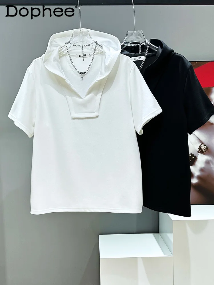 

Men's Hooded Short Sleeve Solid Color T-Shirts Boys 2025 Summer New Trendy Loose Comfort Tees Simple Casual Shoulder Pad T-Shirt