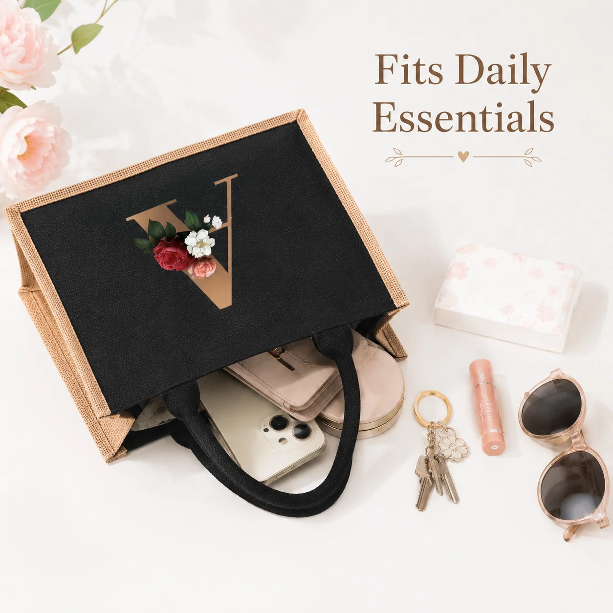 Classic Fashion Women's Tote Bag with A-Z Dark Gold Rose Letter Floral Pattern, Large Capacity Handbag, Elegant Retro Style Women's Handbag, Shopping Bag for Daily Commuting, Weddings, Birthdays, Mother's Day, and Travel