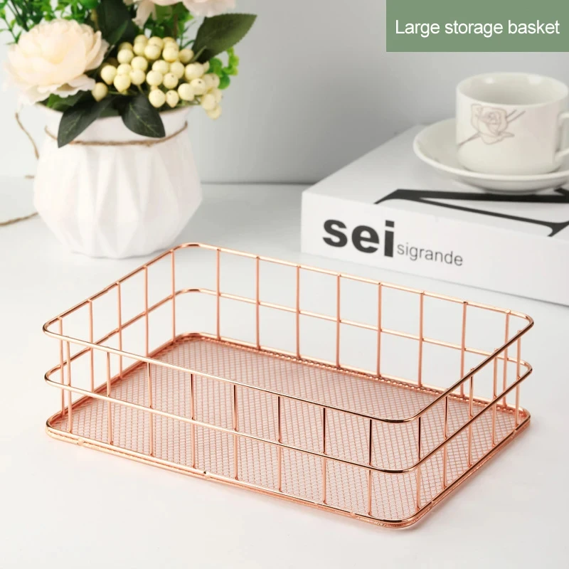 Nordic Gold/Rose Metal Iron Storage Basket Desktop Sundries Organizer Rack Cosmetics Makeup Brushes Holder Jewelry Storage Box