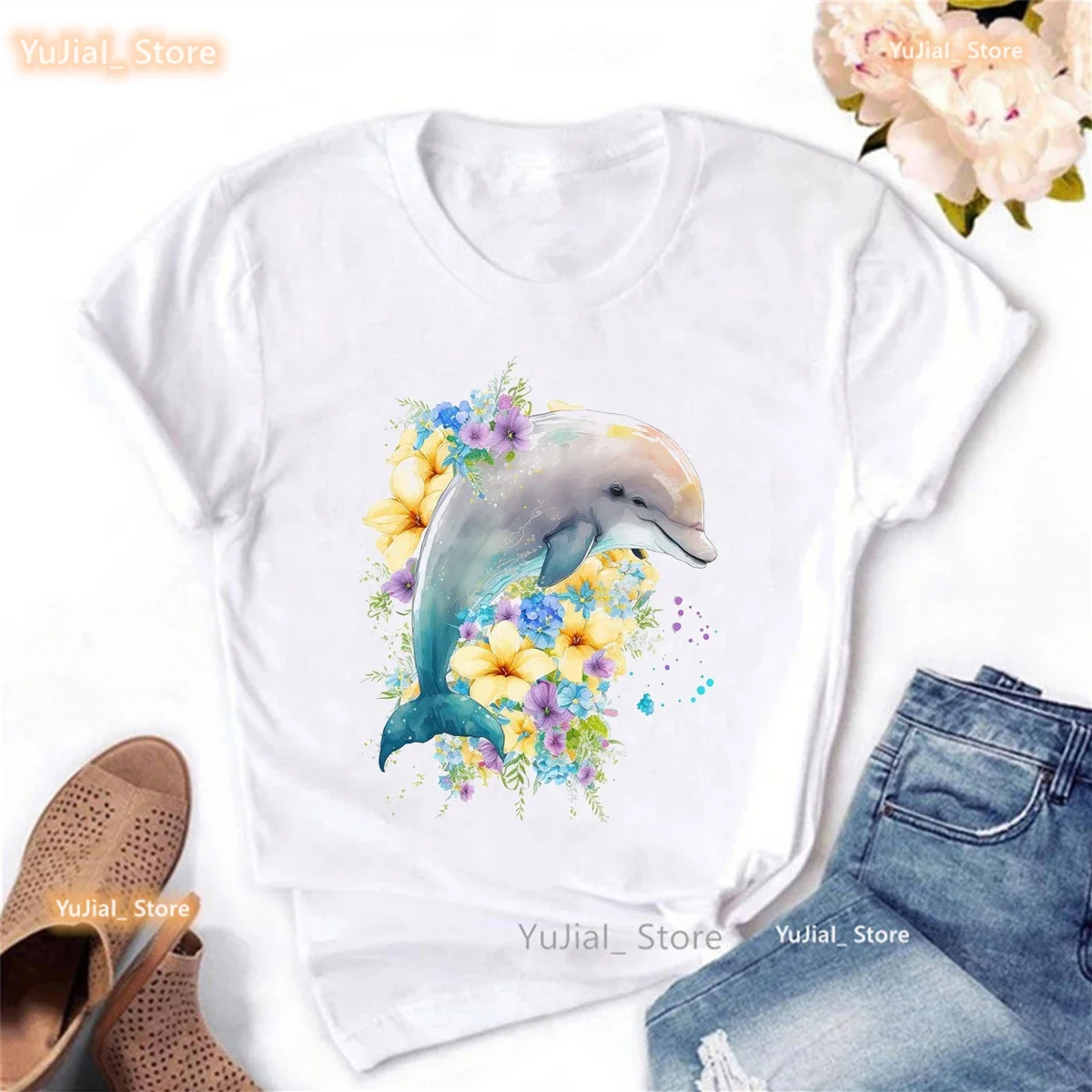Colorful Flowers Dolphin Print Tshirt Women'S Clothing Harajuku Kawaii Clothes Whale Flowers Summer Tops Fashion T Shirt Femme