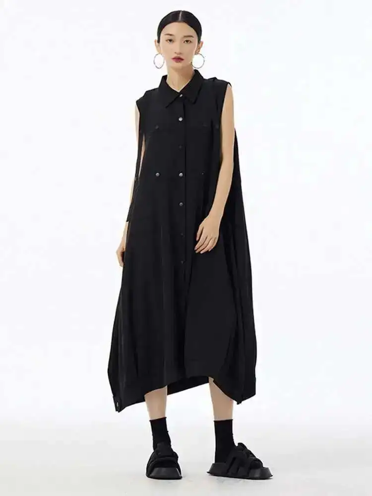 Feminino exército verde botão tamanho grande midi camisa casual vestido nova lapela sem mangas moda maré primavera verão