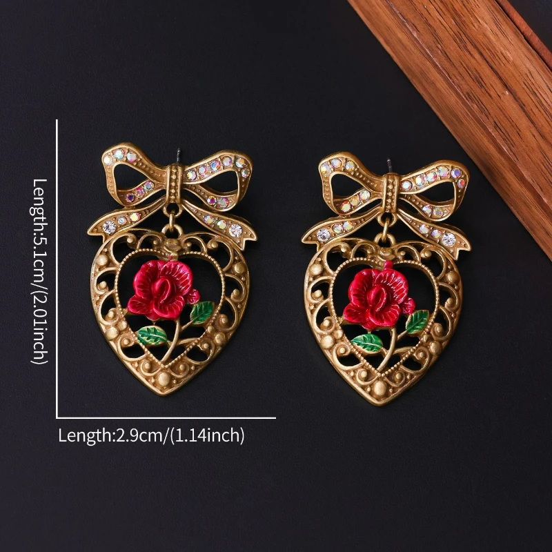 Vintage Heart-Shaped Rose Rhinestone Dangle Earrings for Women Romantic Floral Statement Jewelry