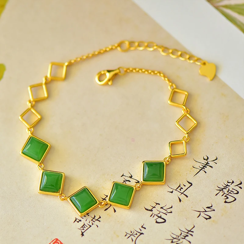 

S925 Sterling Silver Natural Hetian Jasper Square Bracelet Light Luxury Niche Exquisite High Value High-grade Jade Hand Jewelry