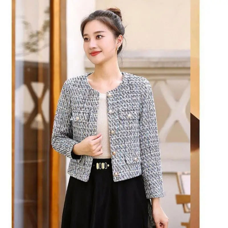 New casual Women Korean Sweet Tweed Jacket Fashion Simple Long Sleeve Coat Elegant Slim Female Chic O Neck Open Stitch Outwear