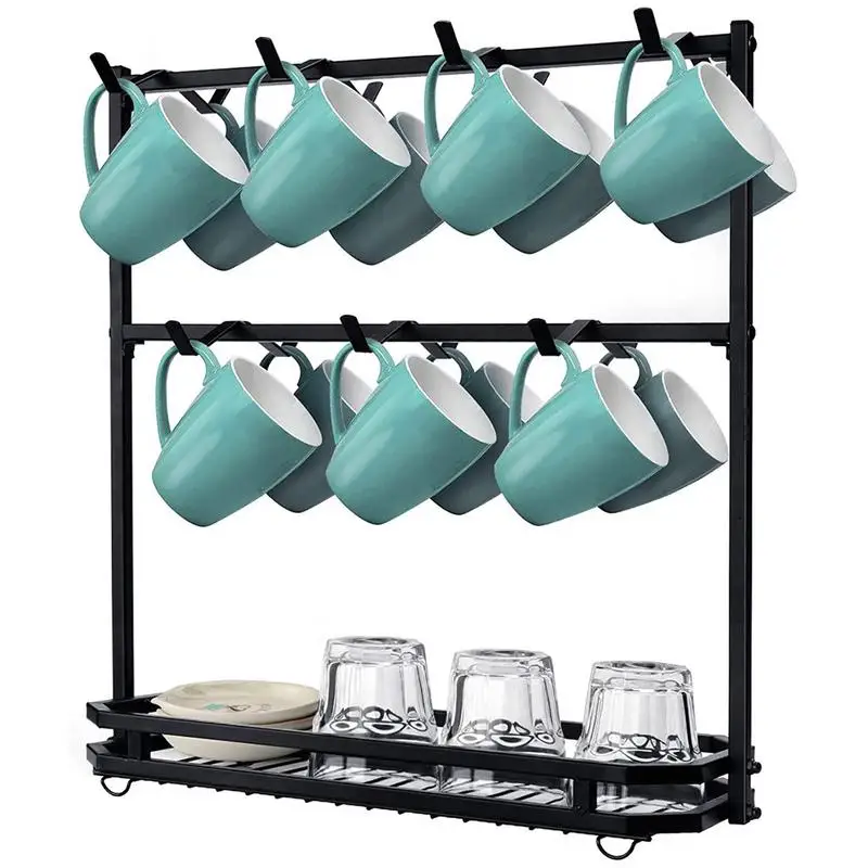 Coffee Cup Rack 2 Tier Mug Holder With 14 Hooks Mug Holder Stand Coffee Mug Organizer Vintage Basket Storage For Bar Kitchen