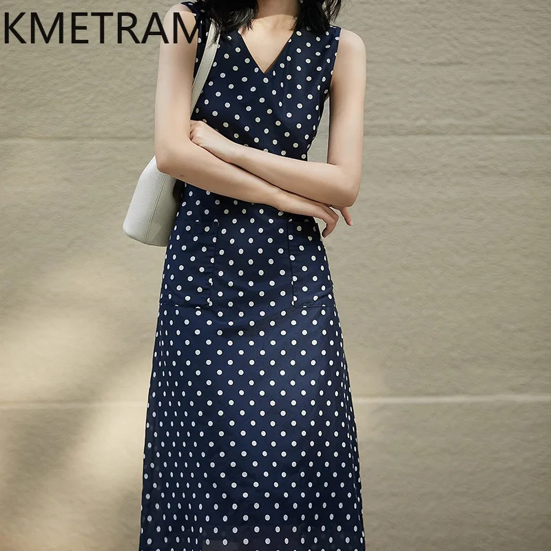 KMETRAM Real Silk Cotton Tank Dress Woman polk Dot Elegant Dresses for Woman Clothes Sleeveless Summer New in Dresses Robe Femme