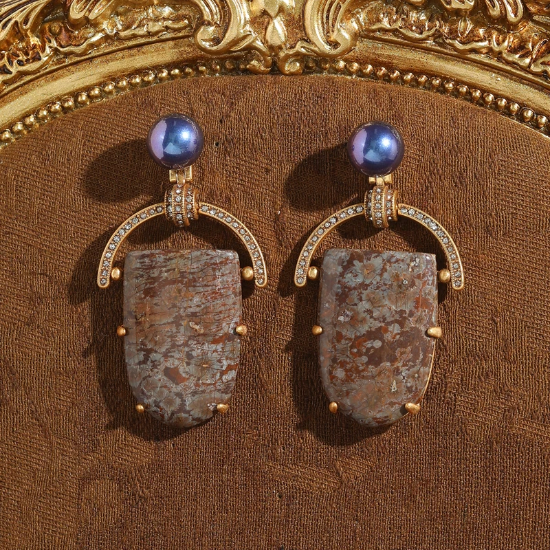 Women Vintage Blue Pearl Drop Earrings Pendant Big Brown Natural Stone Jewelry Gold Color 2026 Charm Elegance Party Accessories