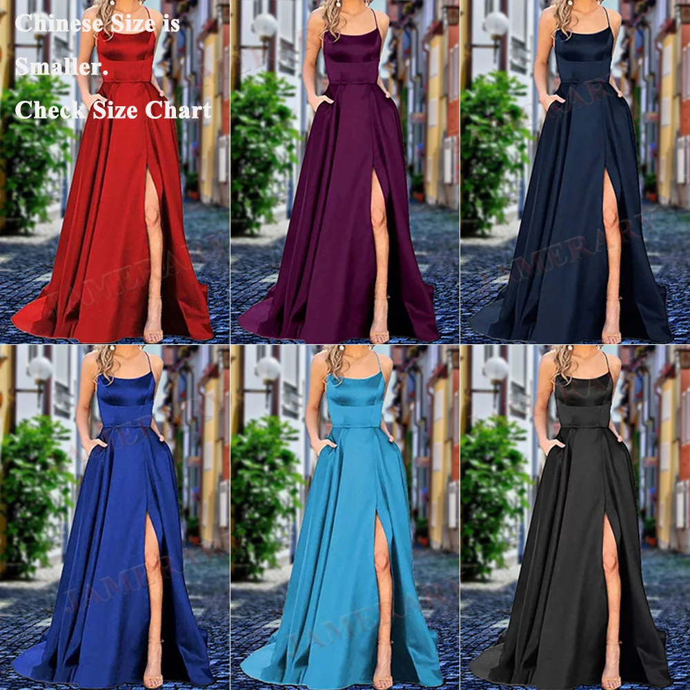 Elegant Solid Bridesmaid Maxi Satin Dress Women Autumn Slit Summer Long Dresses Straps Sexy Backless Evening Vestido De Fiestas