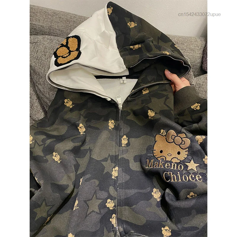 Sanrio Hello Kitty Amercian Style felpe con cappuccio donna Trend felpe larghe Cartoon Camo giacca ricamata Y2k coppie Zip Up Tops